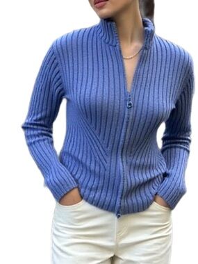 Cotton Ginny Vintage Ribbed Funnel Neck Knit Sweater in Blue Size Large